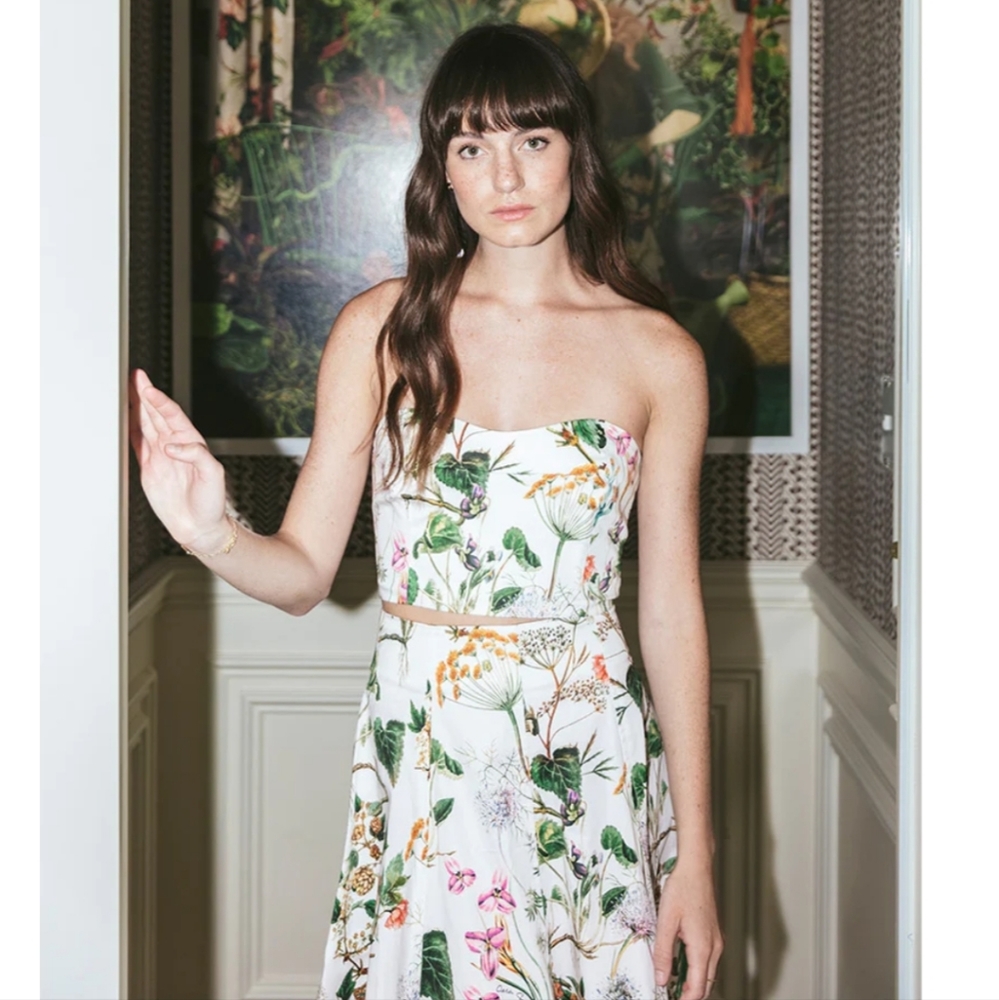 Cara Cara White Strapless Floral Two-Piece Dress with Green and Pink Accents